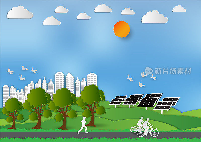 Paper art style of Landscape and People in city parks with Solar Cell to save the world idea,  Abstract vector background